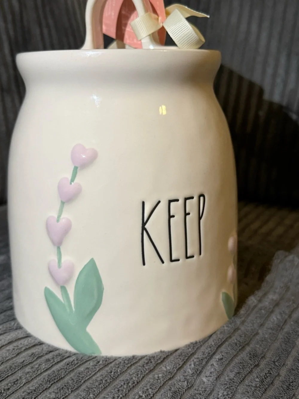 Rae Dunn White Ceramic 'KEEP' Canister with Pastel Heart Shaped Floral Accents